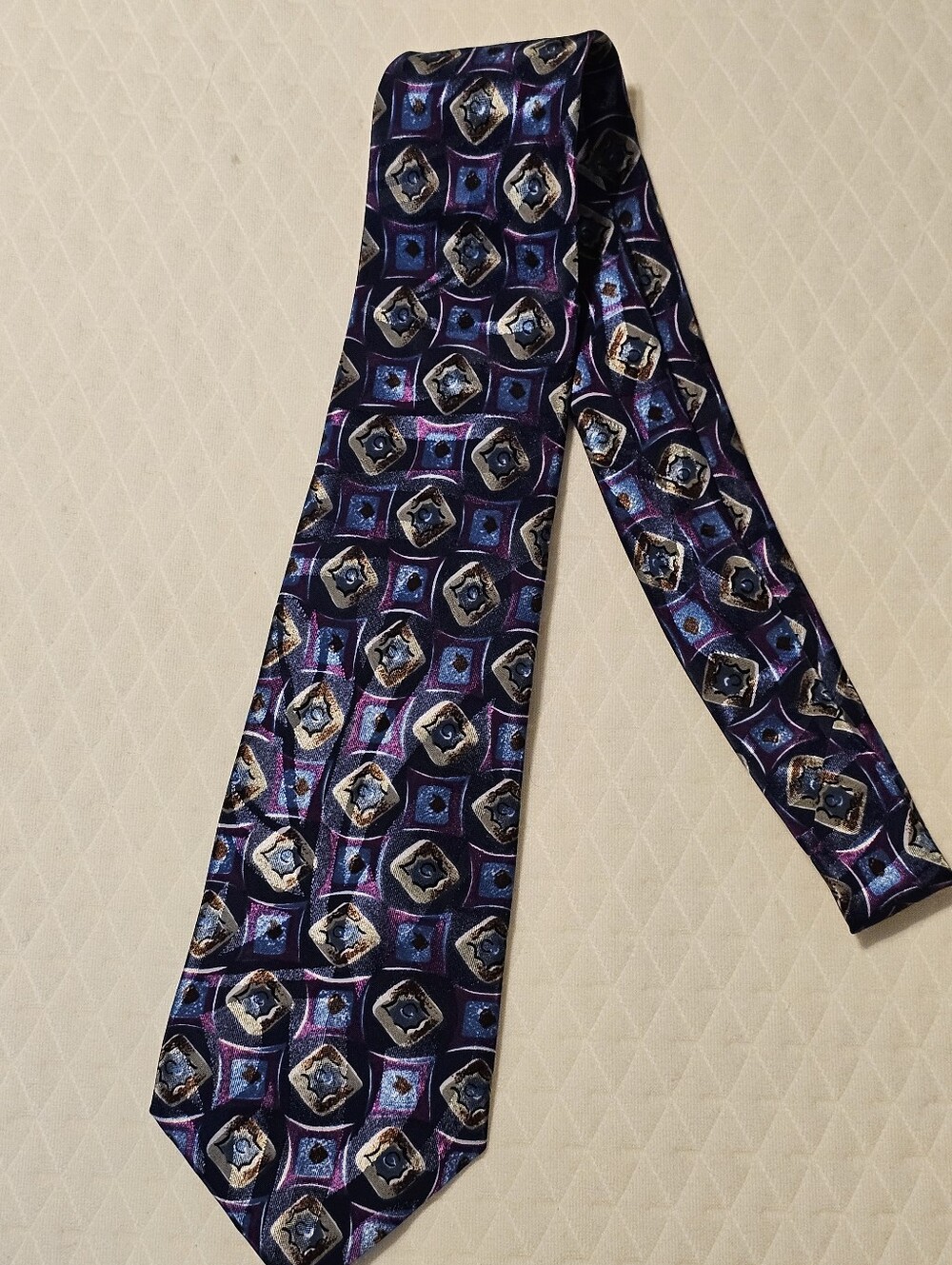 Essex Row Silk Necktie Geometric Square Pattern Purple Navy Blue Brown euc